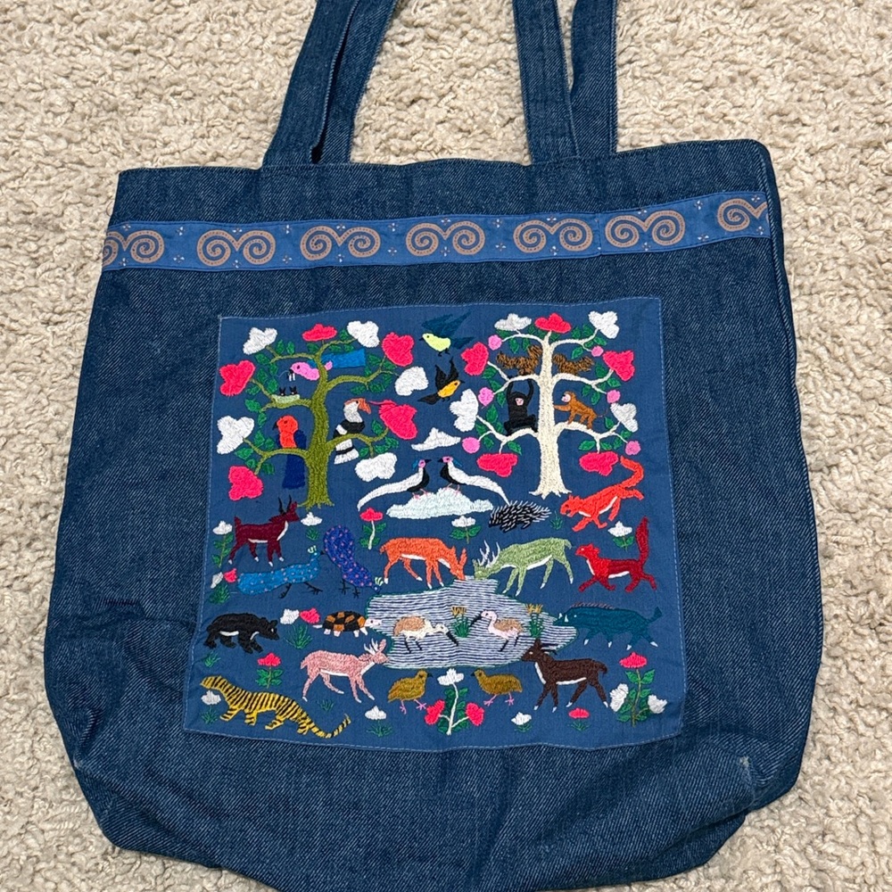 Vintage Handmade Embroidered Hmong denim Story Tote Bag